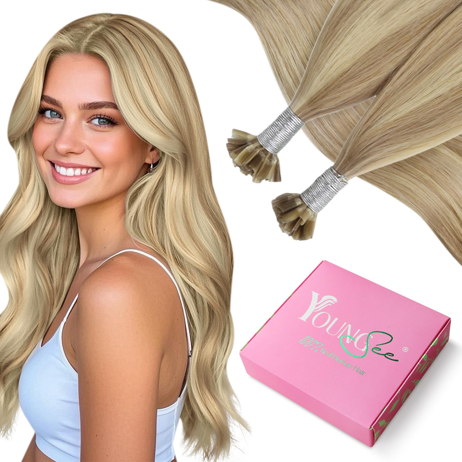 YoungSee Nano Beads Hair Extensions Blonde 14inch Nano Hair Extensions Warm Ash Blonde Highlights Bleach Blonde Nano Ring Hair Extension Highlight for Women Cold Fusion 50g Short Straight 50s — view 51