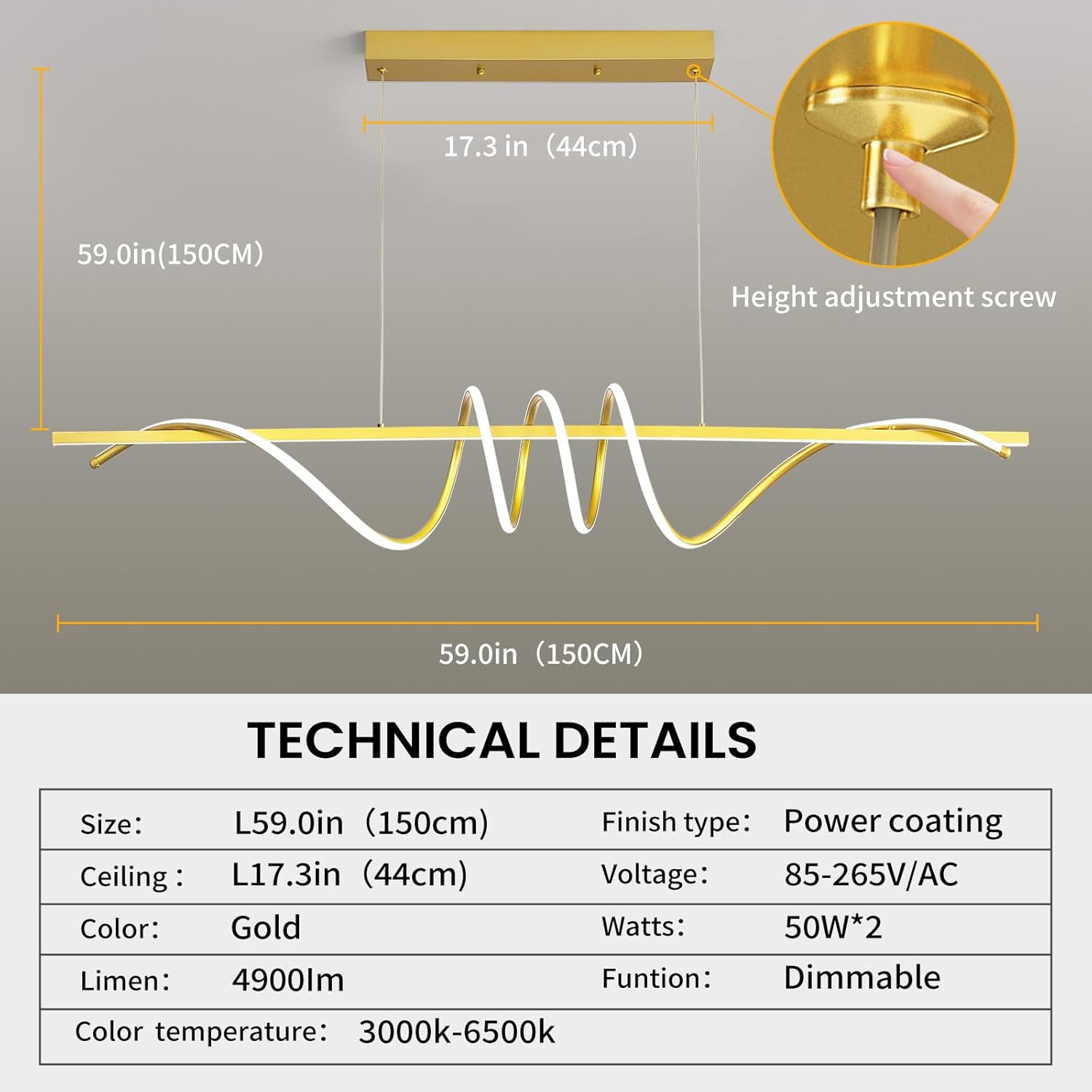 Modern Design Dimmable Desk Linear Pendant Light, with Remote Control Dimmable 3 Color Mode & Brightness Ceiling Lamp, Anti-Flicker Dining Light Fixture for Kitchen, Dining Room (Gold, 57IN)