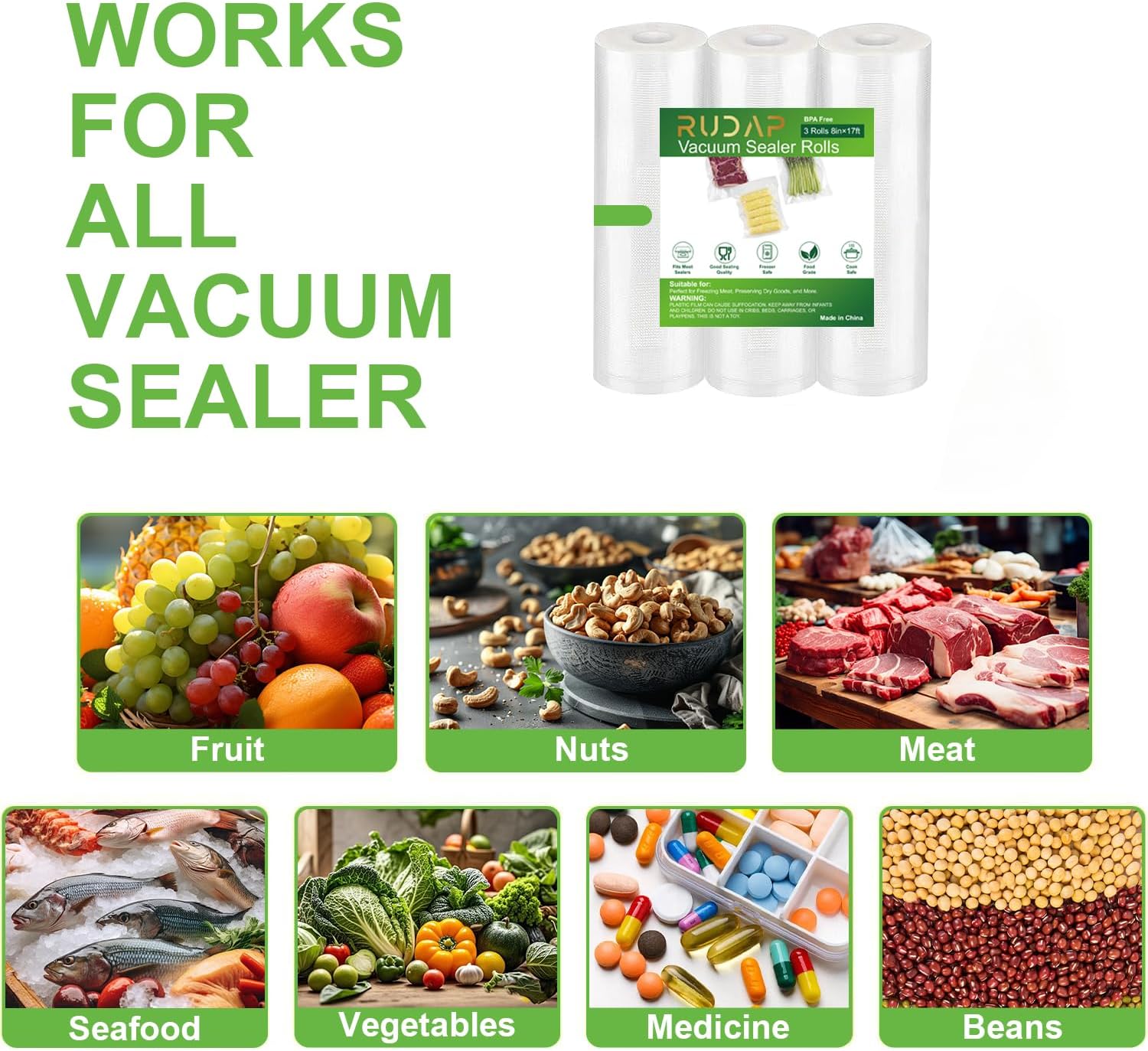 Vacuum Sealer Bags 3 Rolls 8″x16′ for Food Saver, Seal a Meal, Commercial Grade, BPA Free, Heavy Duty, Great for vac storage, Meal Prep or Sous Vide