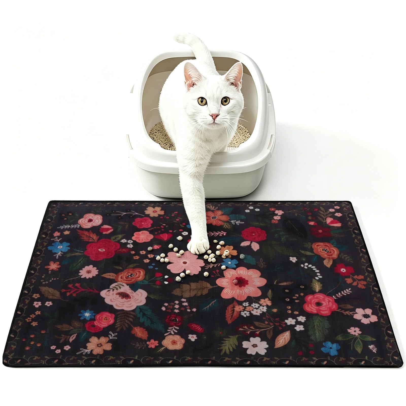 Aovanta Cat Litter Mat, 60 x 40 cm Large Kitty Litter Mats for Floor, Washable Non Slip Cat Litter Box Mats for Floor (Black)