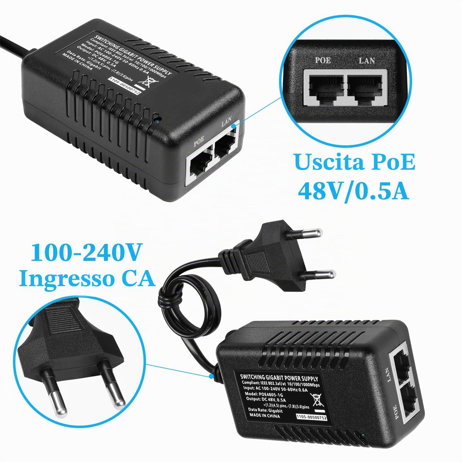 Revotech Iniettore Poe Gigabit 48V, Uscita Poe 48V/0,5A con Cavo UE, IEEE 802.3af/at Poe+ Passivo 10/100/1000Mbps, Distanze Fino a 100M, Adattatore Poe Plug And Play (POE4805-G)