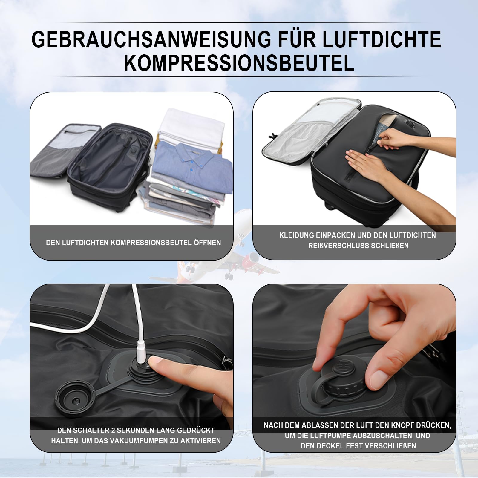 Zaino sottovuoto, bagaglio a mano, espandibile per viaggi, con porta di ricarica USB | Zaino per bagaglio a mano, sottovuoto, per laptop, pompa integrata, viaggi d'affari e campeggio