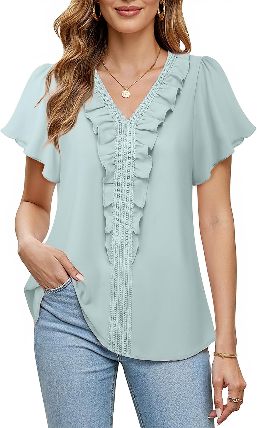 Lotusmile Womens Dressy Ruffle Tops Summer Chiffon V Neck Work Blouse Casual Flutter Short Sleeve Shirts - Image 5