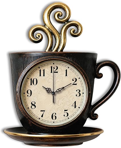 Brown Coffee Cup Wall Clock Retro Style Non-Ticking Clock Irregular Shape Decorative Clocks Printed Wall Clocks for Home Office Decoration, 15.98x12.99 inch