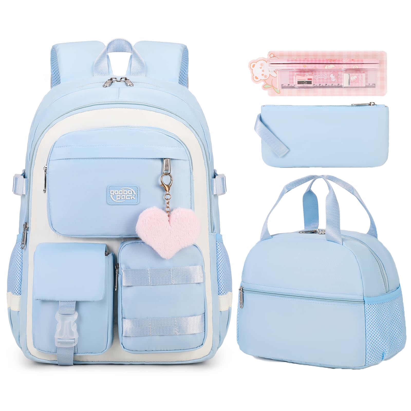 qodbopack 3PCS Girls Backpack For College Middle High School Student Teens Women Bookbag Waterproof Laptop Bag Blue Beige
