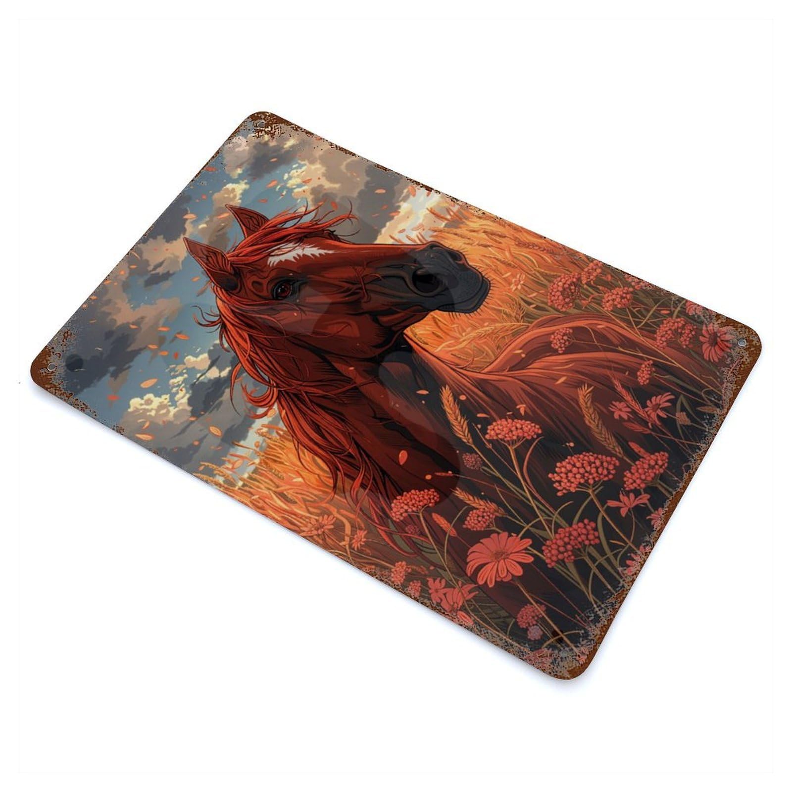 Horse in A Field 11.8"x7.9" Rust Effect Tin Sign, Rustic Home Decor for Office, Studio And Wall Decor