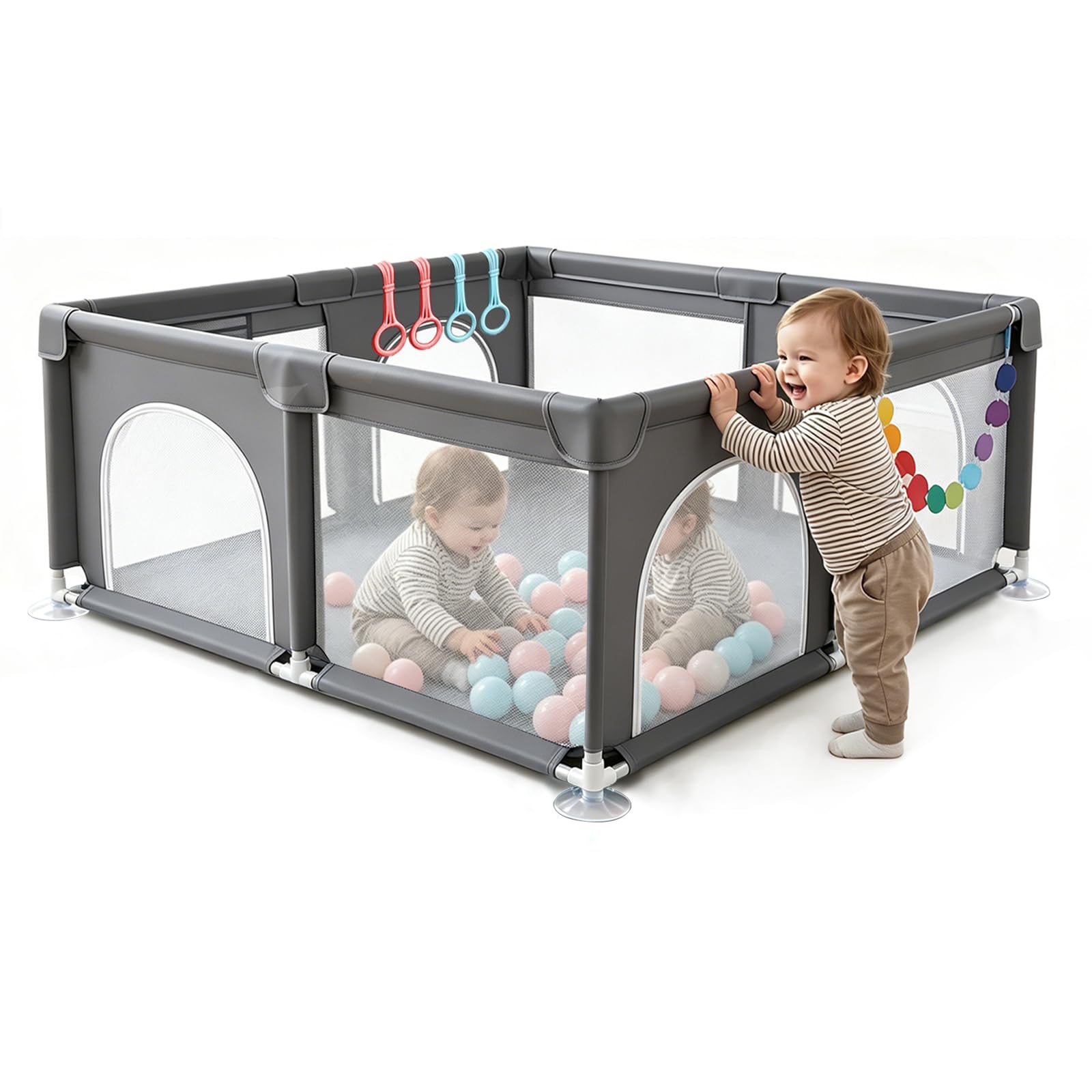 Baby Playpen for Baby and Toddlers Play Pen Babies Kids Play Pen for Indoors with Padded Frame & Mesh Walls, Balls & Pull Rings Included Baby Pen with Travel Bag (125 x 125cm)