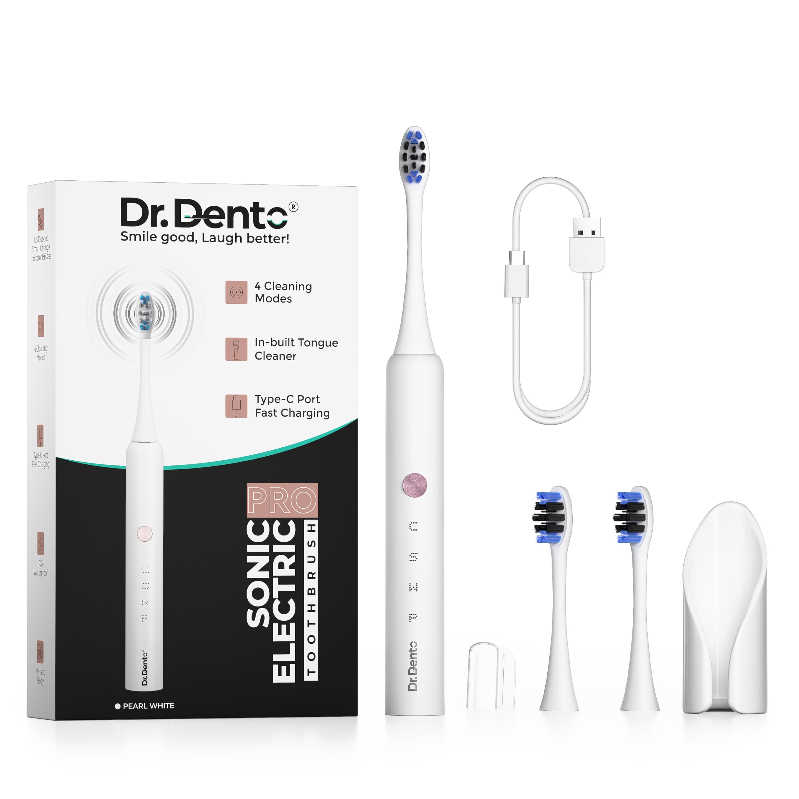 Pro Series Electric Toothbrush – Pearl White | 4 Cleaning Modes | 30-Day Battery | Type-C Charging | 1-Year Warranty | Teeth Stain Remover | 31,000 VPM | Built-in Tongue Cleaner
