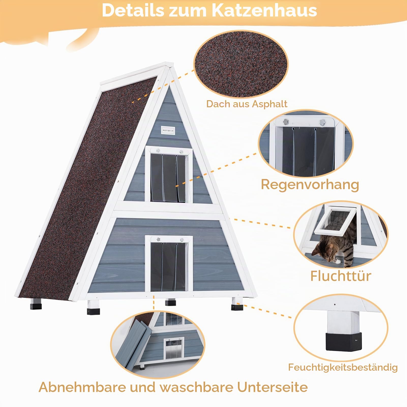 Petsfit Katzenhaus Outdoor Winterfest mit Fluchttür Katzenhaus Outdoor Holz mit erhöhtem Design Katzenhöhle für Draussen Katzenhütte Wetterfest aus Spießtannenholz, Grau/2 Etagen