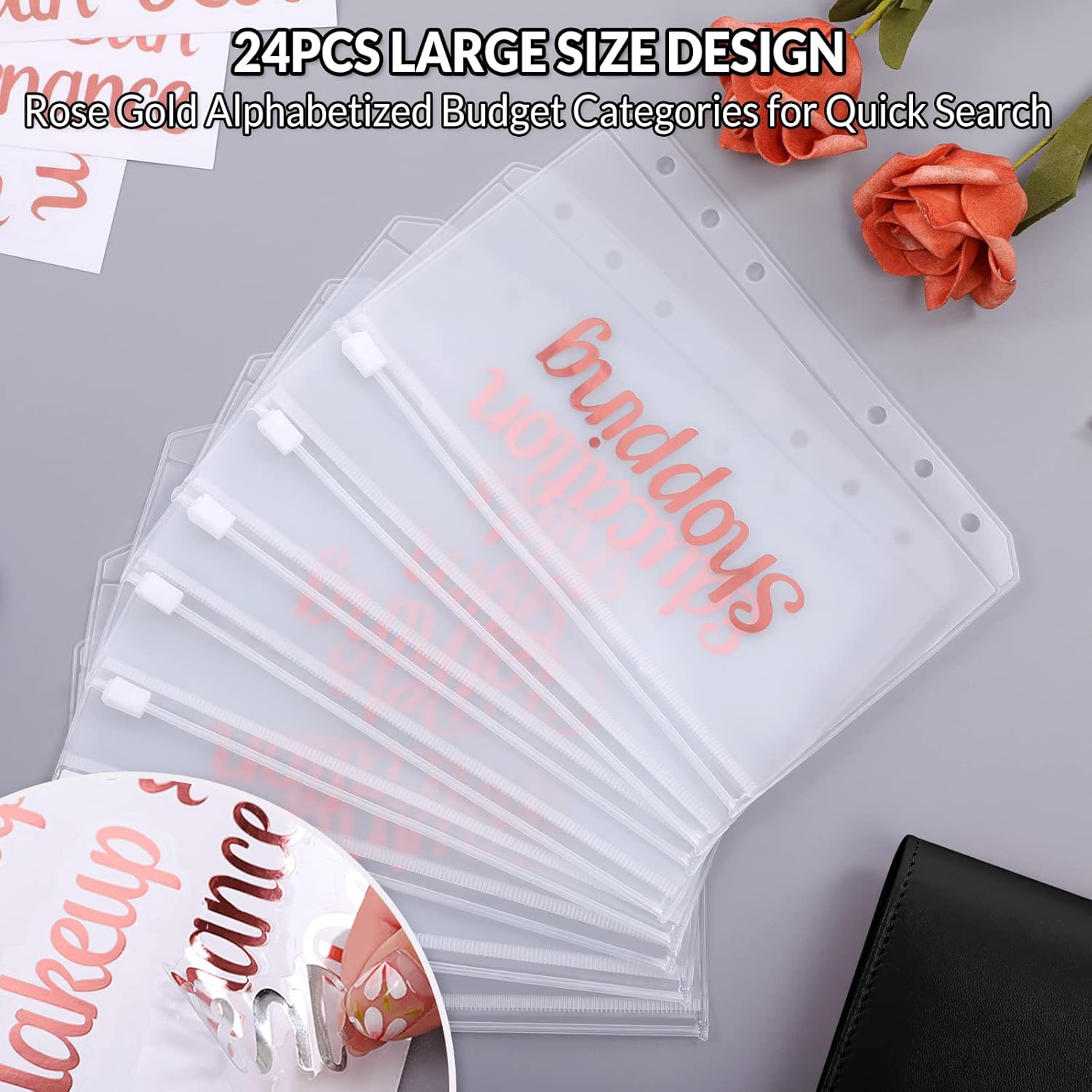 SKYDUE A6 Budget Binder,Money Organizer for Cash with 8pcs Zipper Envelopes,12pcs Expense Budget Sheets & 24 Rose Gold Sticky Labels,Money Saving Binder for Budgeting (Black) : Office Products