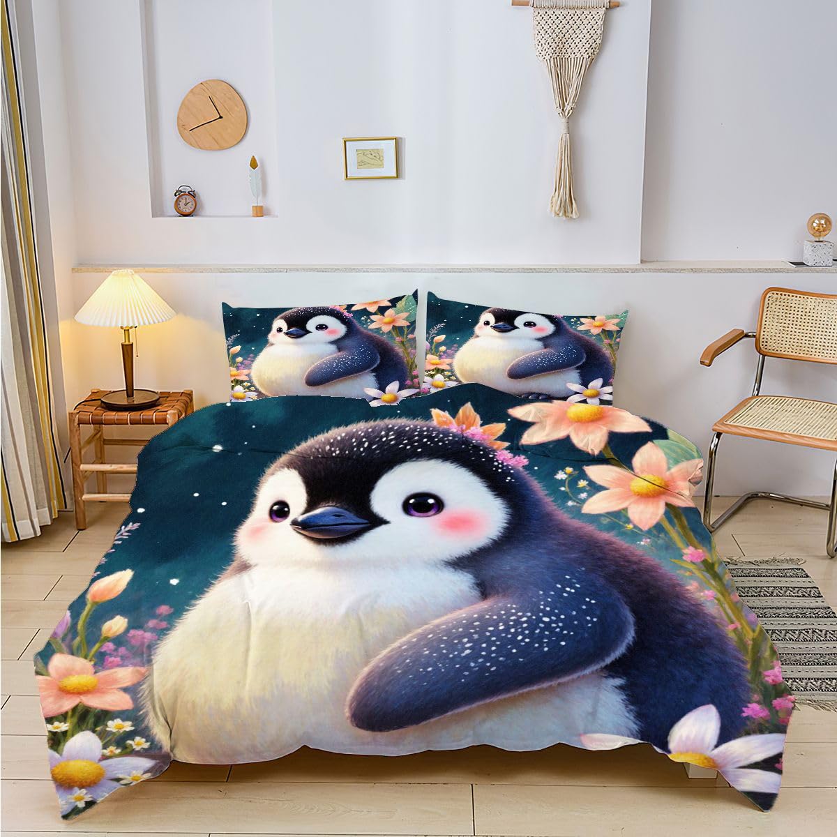 Komplet pościeli 220x240 cm czarny pingwin, łatwy w pielęgnacji zestaw pościeli z zamkiem błyskawicznym, zestaw poszewek na kołdrę z nadrukiem 3D do pieluchy dekoracji sypialni