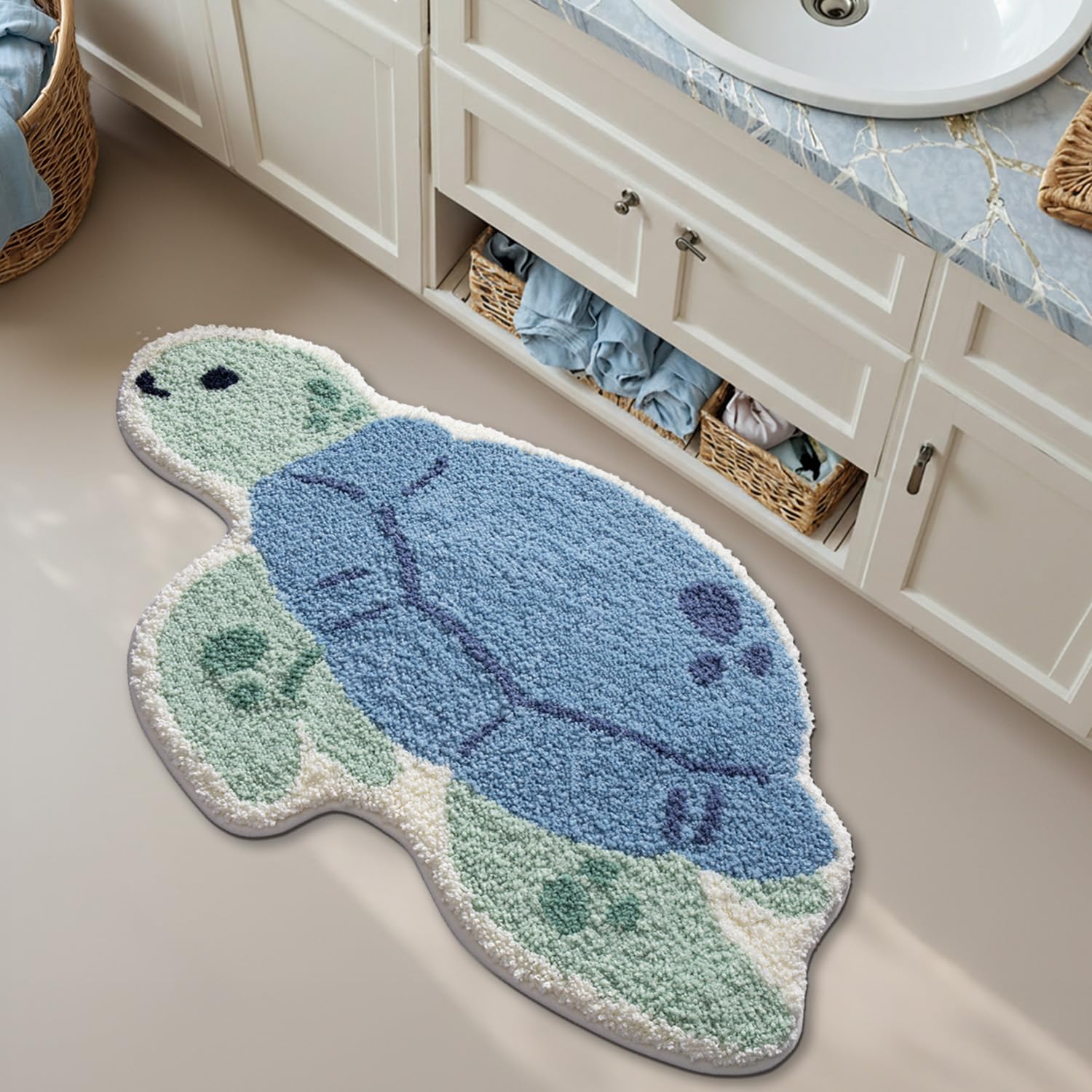 LUMI Niedliche Tier-Badezimmerteppiche, saugfähige Plüsch-Badematten für Badezimmer, rutschfeste Unterseite, waschbar, ideal für Dusche, Waschbecken, Badewanne, Raumdekoration, 51 x 84 cm, blaue