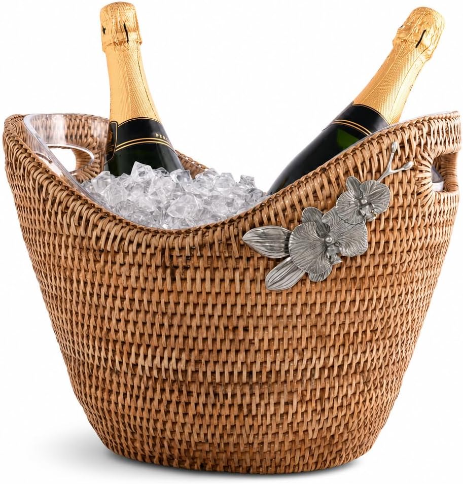 Vagabond House Rattan Wicker Champagne Bucket with Orchid Accent - Luxury Outdoor Ice Holder for Parties - 11 Inches Tall x 13 Inches Across