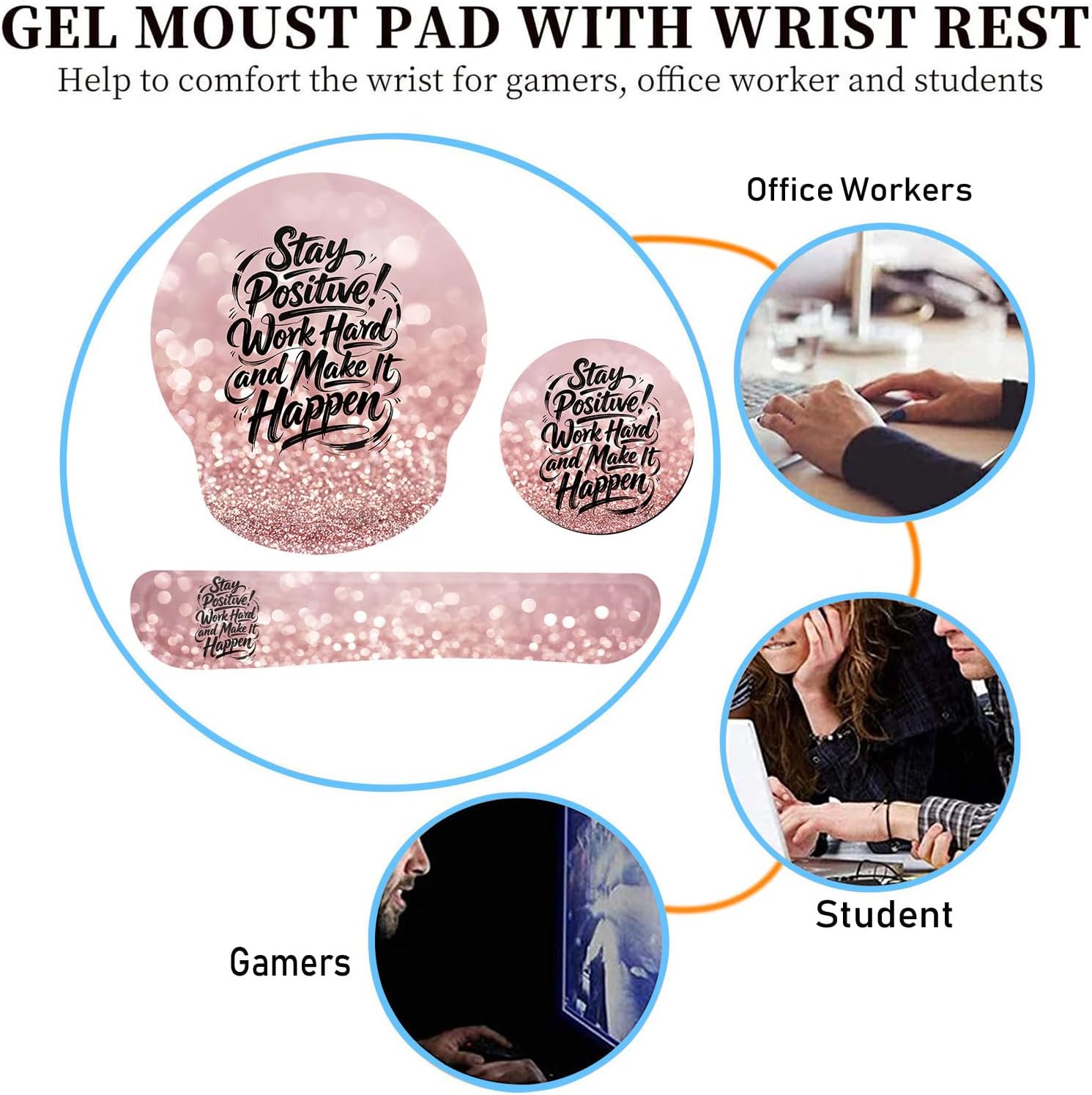 Keyboard Wrist Rest and Mouse Pad Wrist Support Set with Coasters,Stay Positive Work Hard and Make It Happen Rose Gold Glitter Wrist Mouse Pad with Non-Slip PU Base for Computer Laptop Home Office