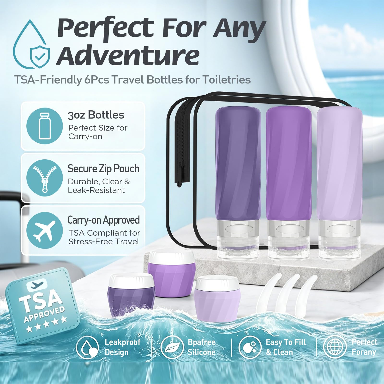 Set di 6 bottiglie da viaggio per articoli da toeletta, set di contenitori da viaggio approvati TSA, senza BPA, in silicone a prova di perdite, ricaricabili e barattoli, kit essenziale da crociera in