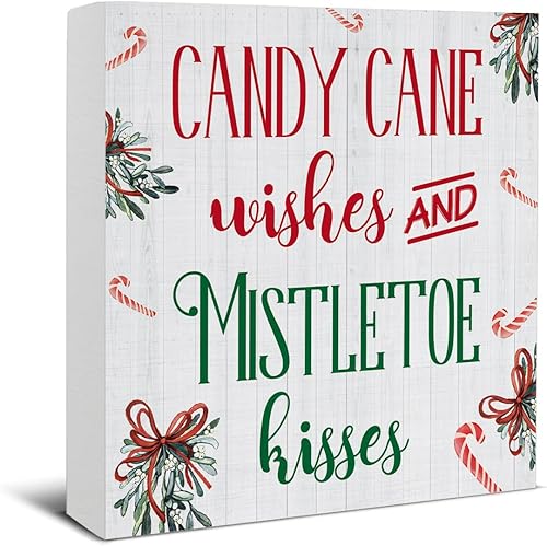 Divertida decoración de Navidad, decoraciones navideñas para interiores, deseos de bastón de caramelo y besos de muérdago, letrero de madera rústico