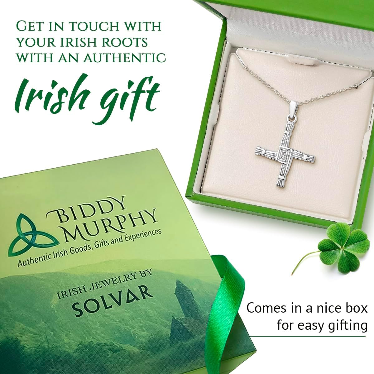Biddy Murphy St. Brigid Cross Necklace Pendant, Sterling Silver Two Sided, Celtic Jewelry Made in Ireland, 18" Trace Chain