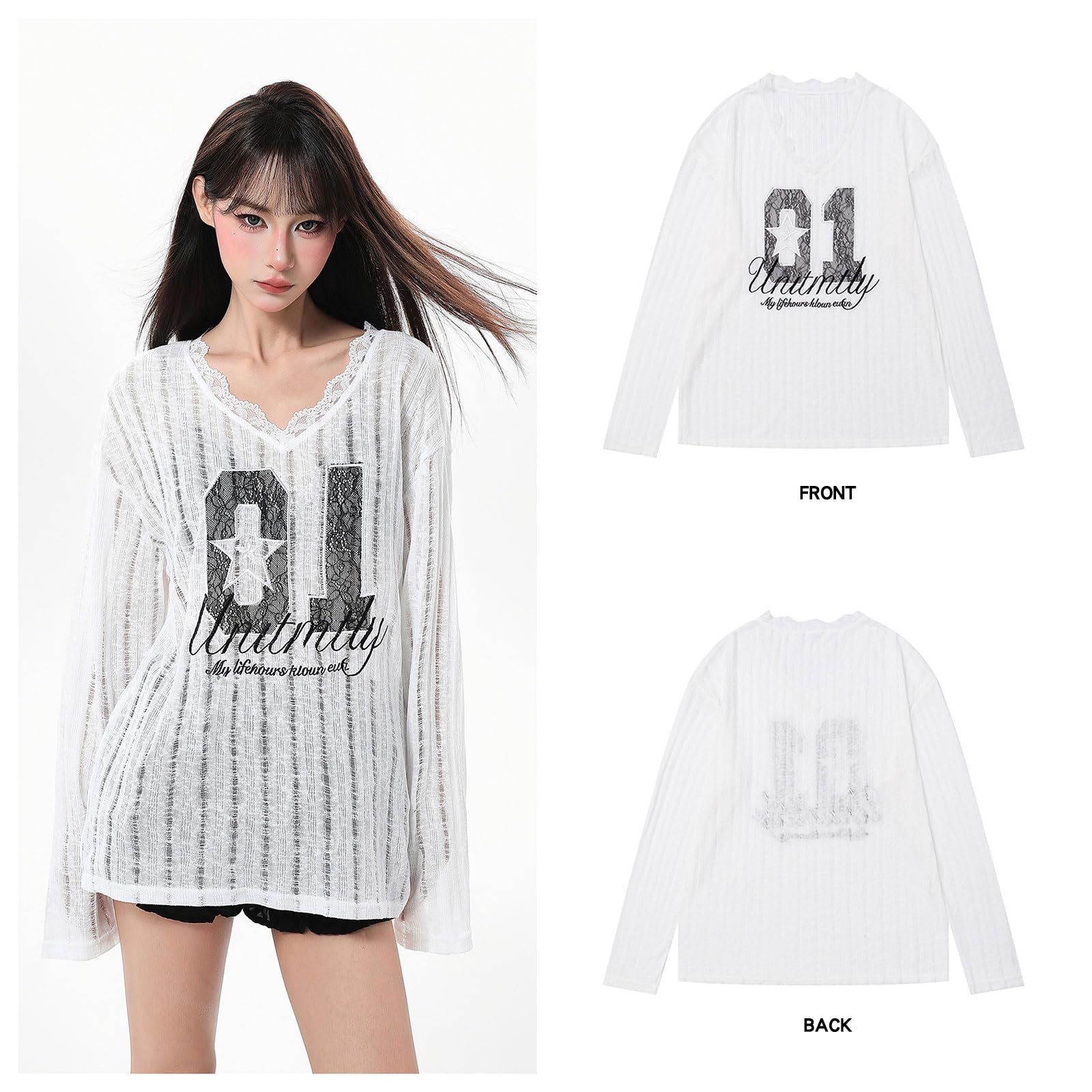 Y2K T Shirt damska Anime bez ramiączek długi rękaw otwory z siateczki i nadruk z kreskówki Grunge Harajuku Kawaii gotycka odzież
