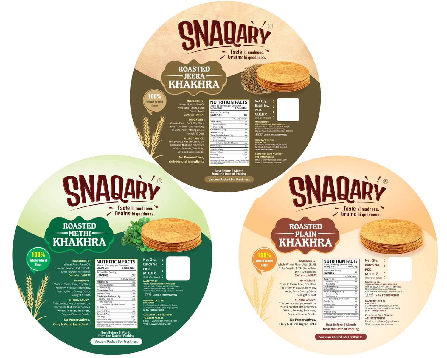 Snaqary Multigrain Khakhra Combo - Methi, Jeera & Plain Flavors | Gujarati Indian Snacks | 100% Natural & Diet-Friendly | Healthy Whole Wheat | 3-Pack, 200g Each