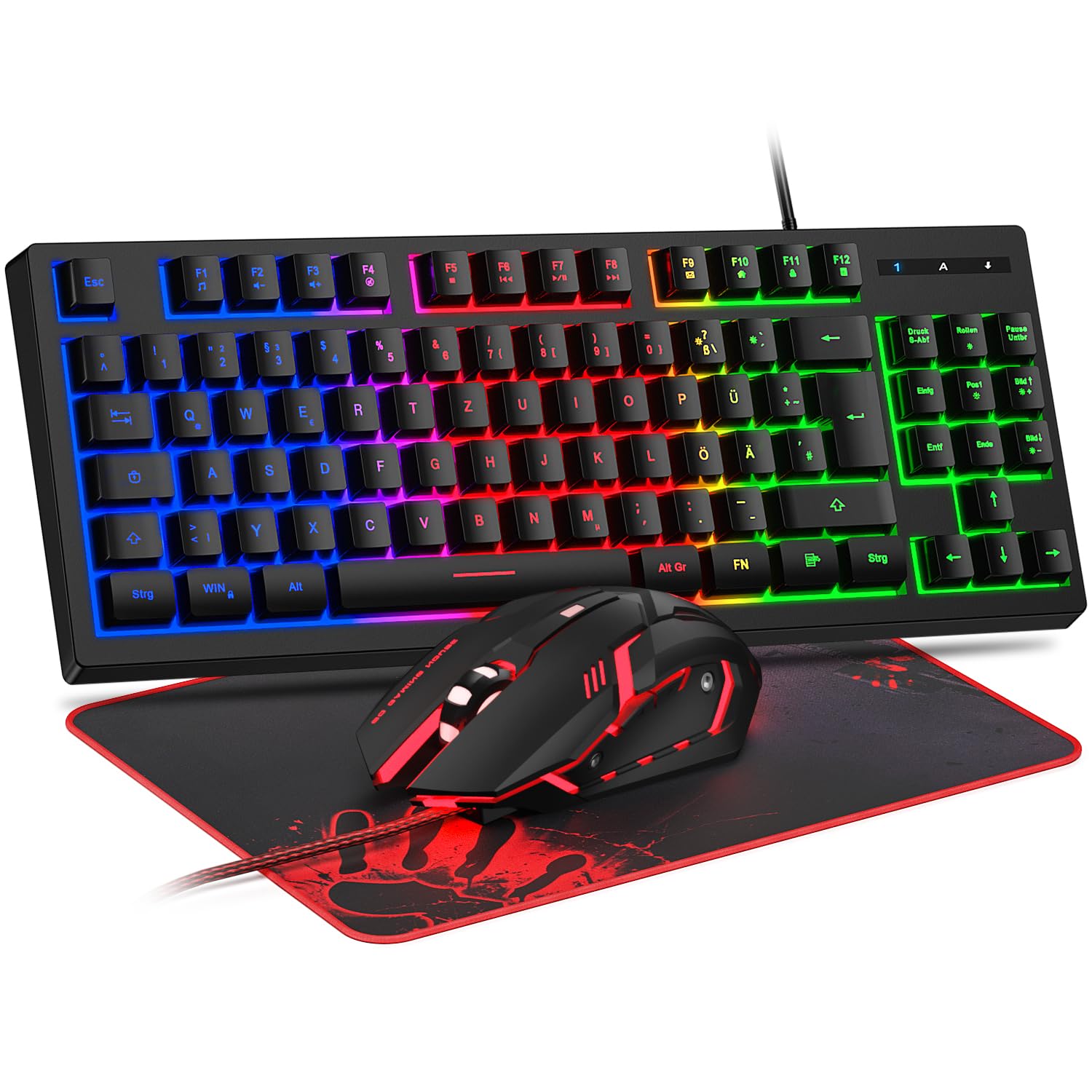 Rewurnth Gaming Tastatur und Maus Set, QWERTZ DE Layout, 75% TKL, RGB Hintergrundbeleuchtete Kabelgebundene Tastatur, Ergonomische 4 Farbige LED Gaming Maus, Großes Mauspad, USB Plug & Play für PC