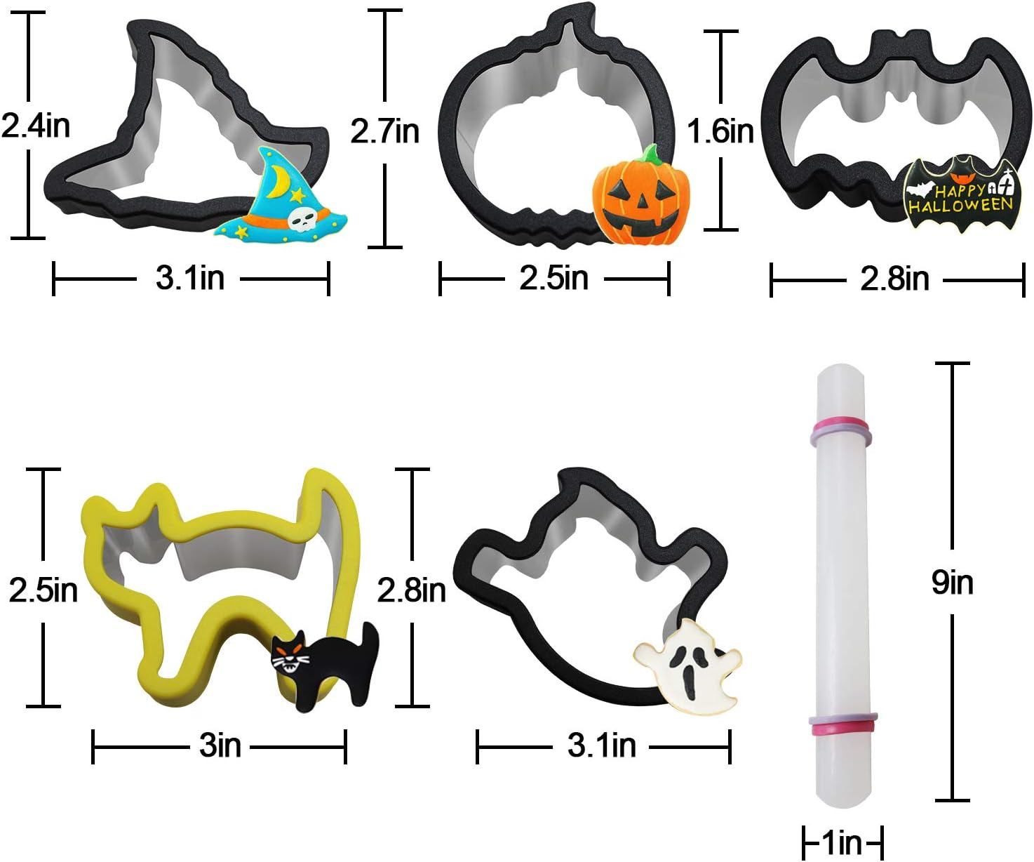 Tifeson 12 Pack Halloween Cookie Cutters Set, 11 PCS Stainless Steel Sandwich Cutter Molds with Comfort Grip, 1PC Rolling Pin for Halloween Party (Include Pumpkin, Witch Hat, Bat, Ghost Mold )