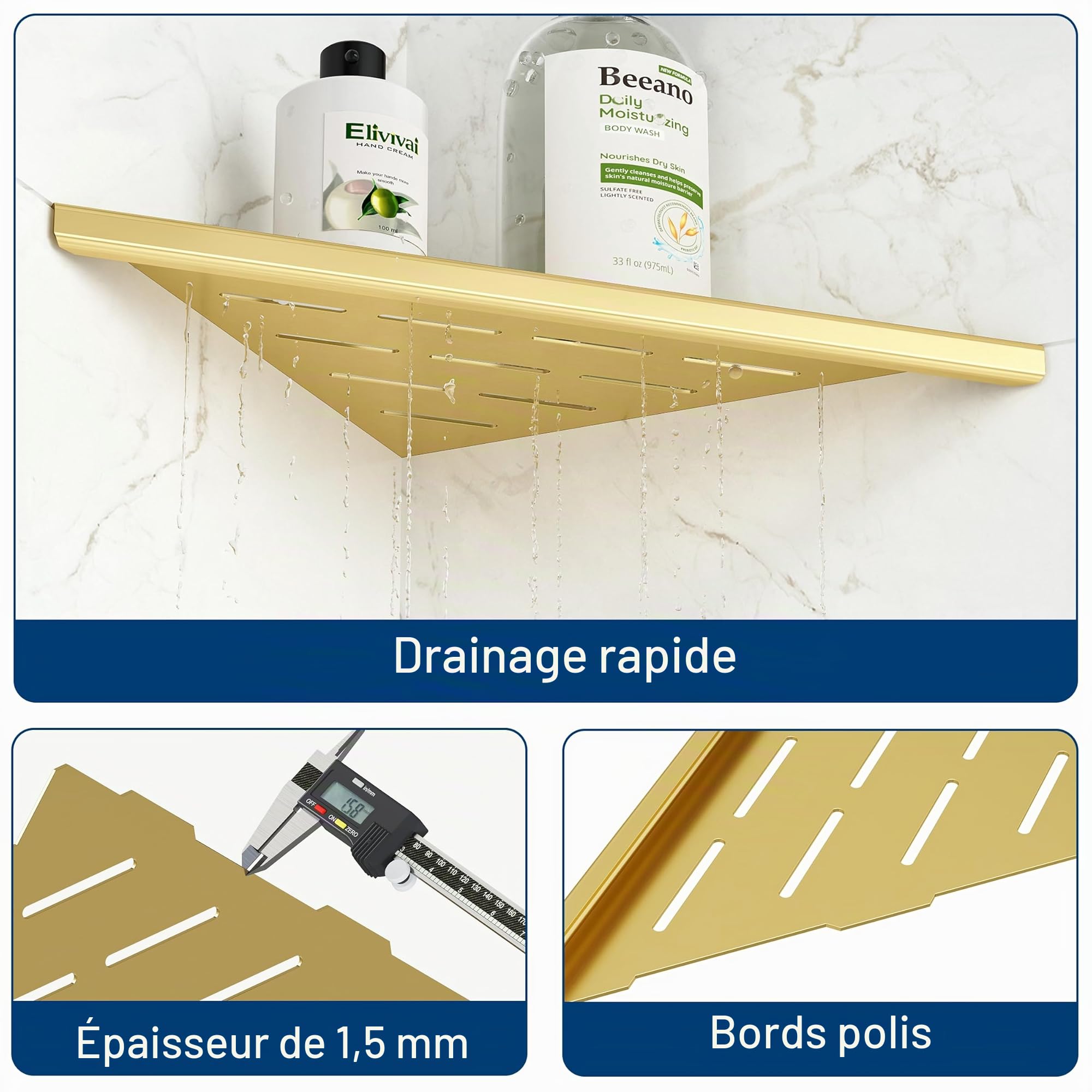 Neodrain Lot de 2 étagères d'angle en acier inoxydable - Doré - Pour salle de bain, cuisine