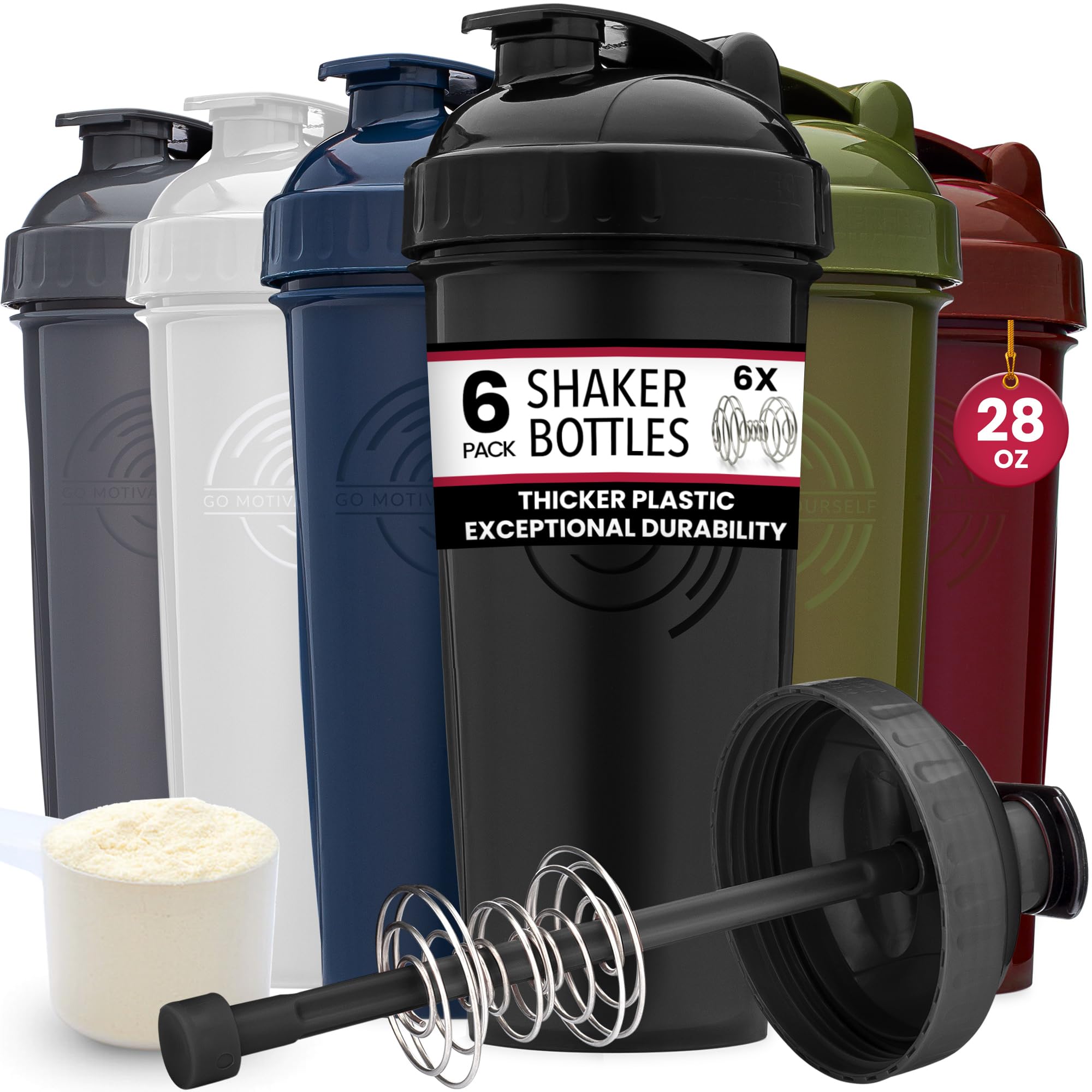 [6-Pack] 28-Ounce Shaker Bottle with Action-Rod Mixer | Bulk Shaker Cups with Action Rod Mixers| Protein Shaker Bottle is BPA Free and Dishwasher Safe | Black, Moss, Navy, White, Grey, & Maroon