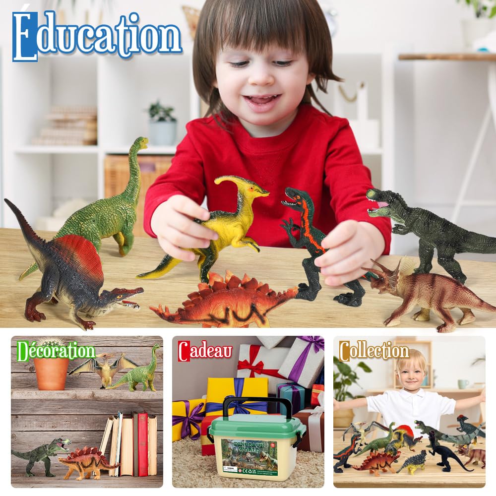 FRUSE Dinosaure Jouet,12 Pcs Grandes Réaliste Figurine Dinosaure avec T-Rex,Seau de Stockage,Livre Dinausaures,Dinosaure Cadeaux pour Enfants Garçons et Filles 3 4 5 6 7 Ans