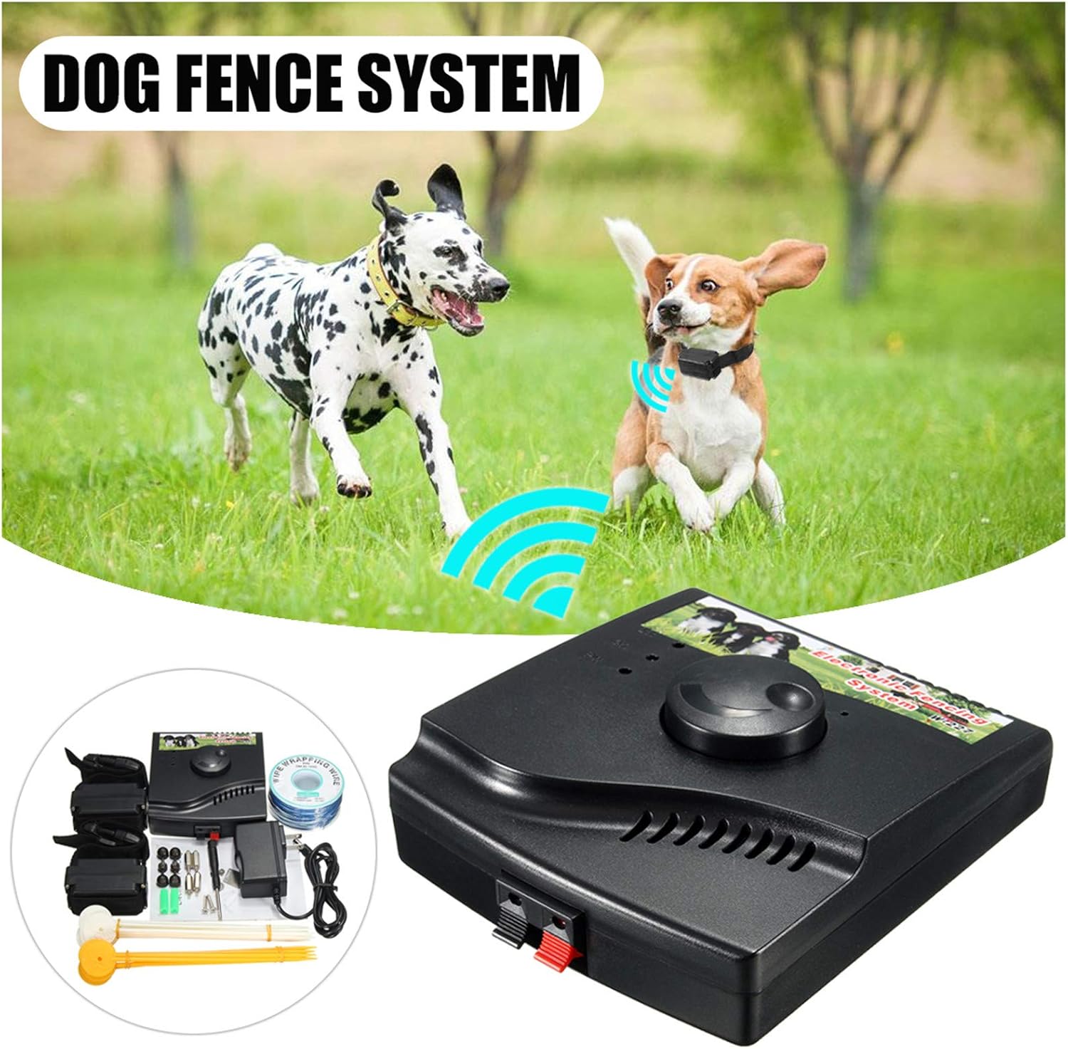 Two dogs playing in a yard with a visible radio signal emanating from a dog fence collar.