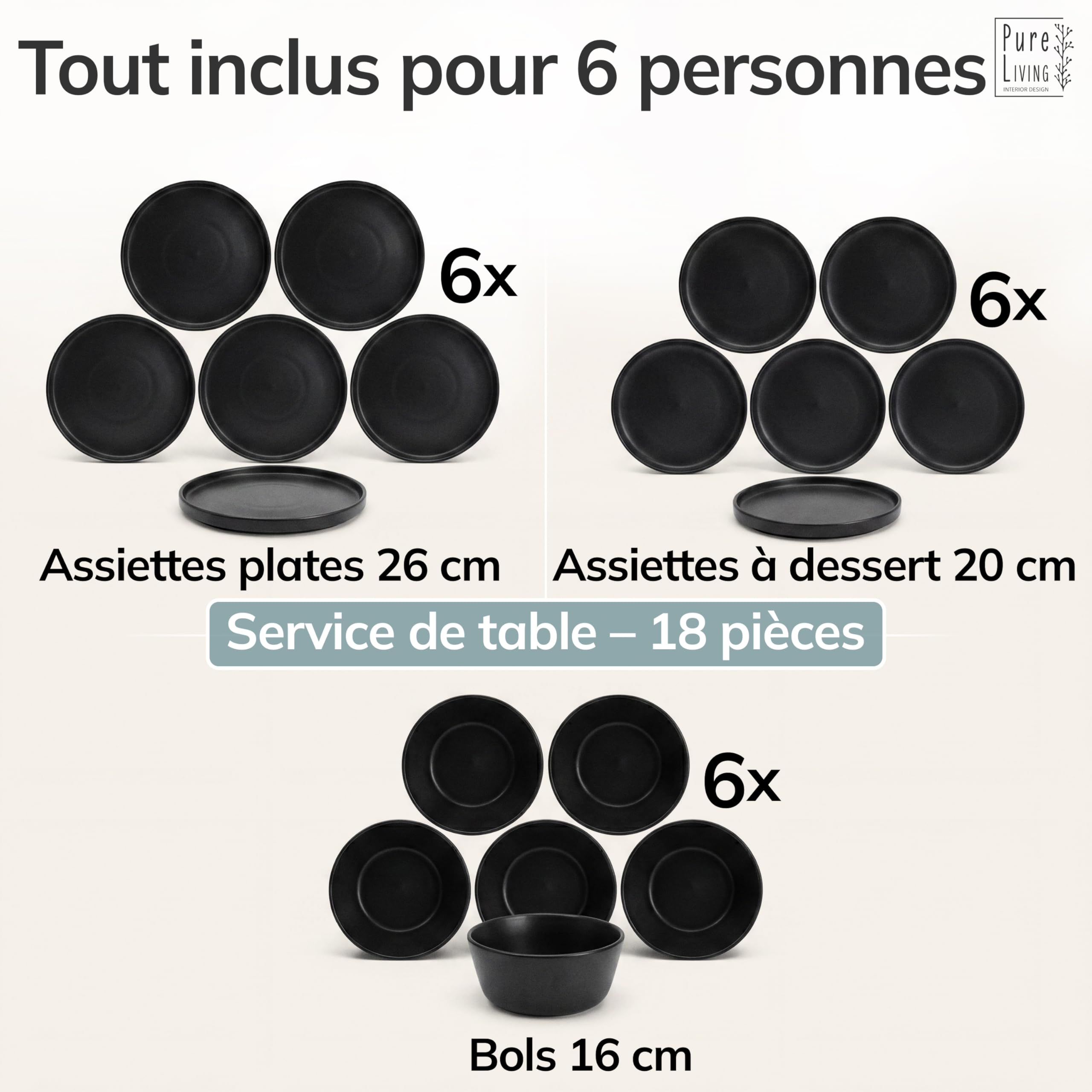 Ensemble de Vaisselle en Grès Noir Manhattan 18 pièces - Service de Table 6 Personnes - Design Urbain Élégant - Assiettes Noires Mattes - Compatible Lave-vaisselle et Micro-ondes - Style Urbain Chic