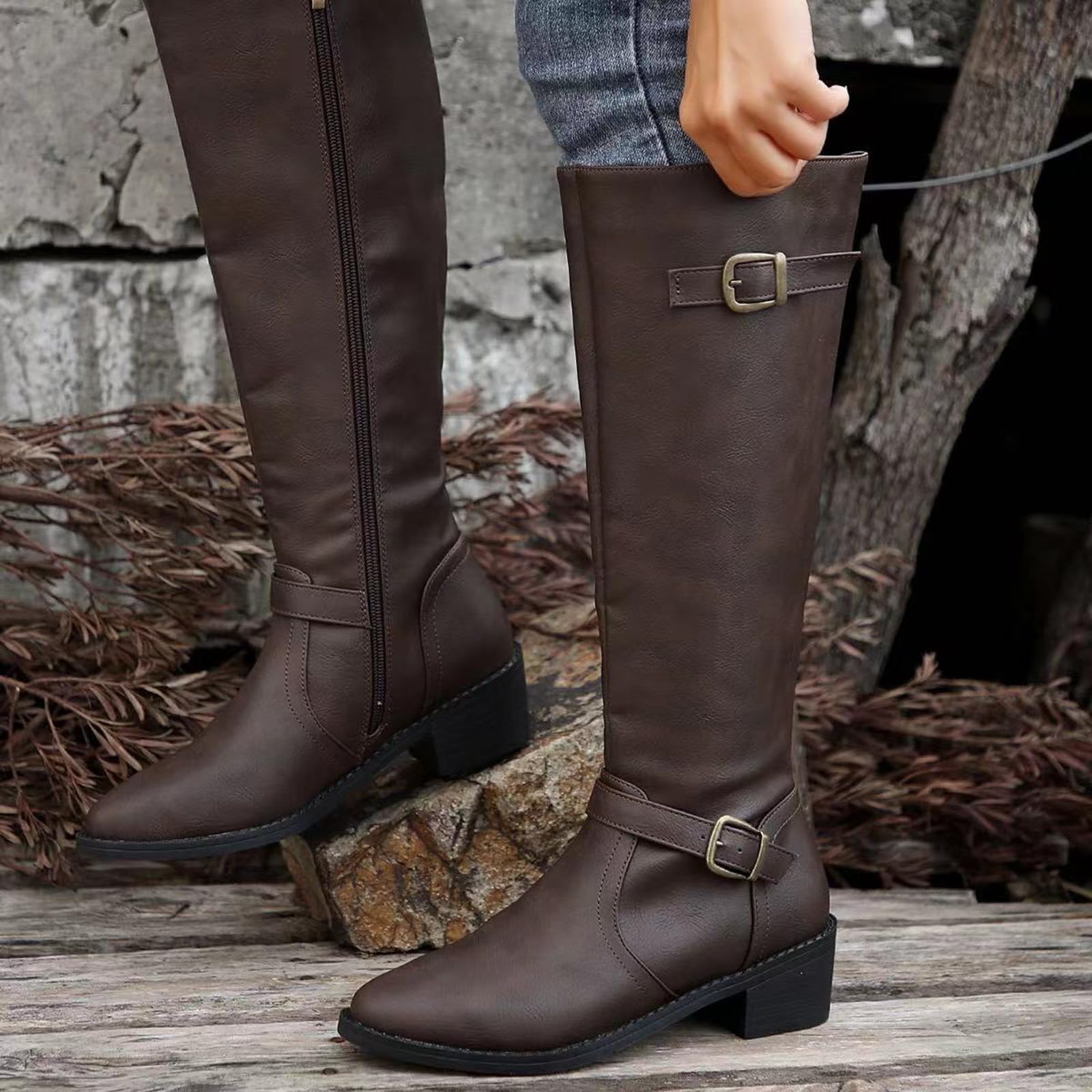 Bottes Hautes Genou pour Femme Style Britannique en Cuir avec Boucle décorative latérale Fermeture éclair Dashion Tube Long