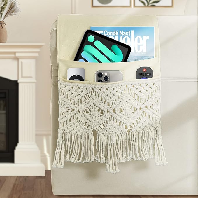 Joywell Macrame Couch Caddy Boho Chair Arm Caddy Ivory Sofa