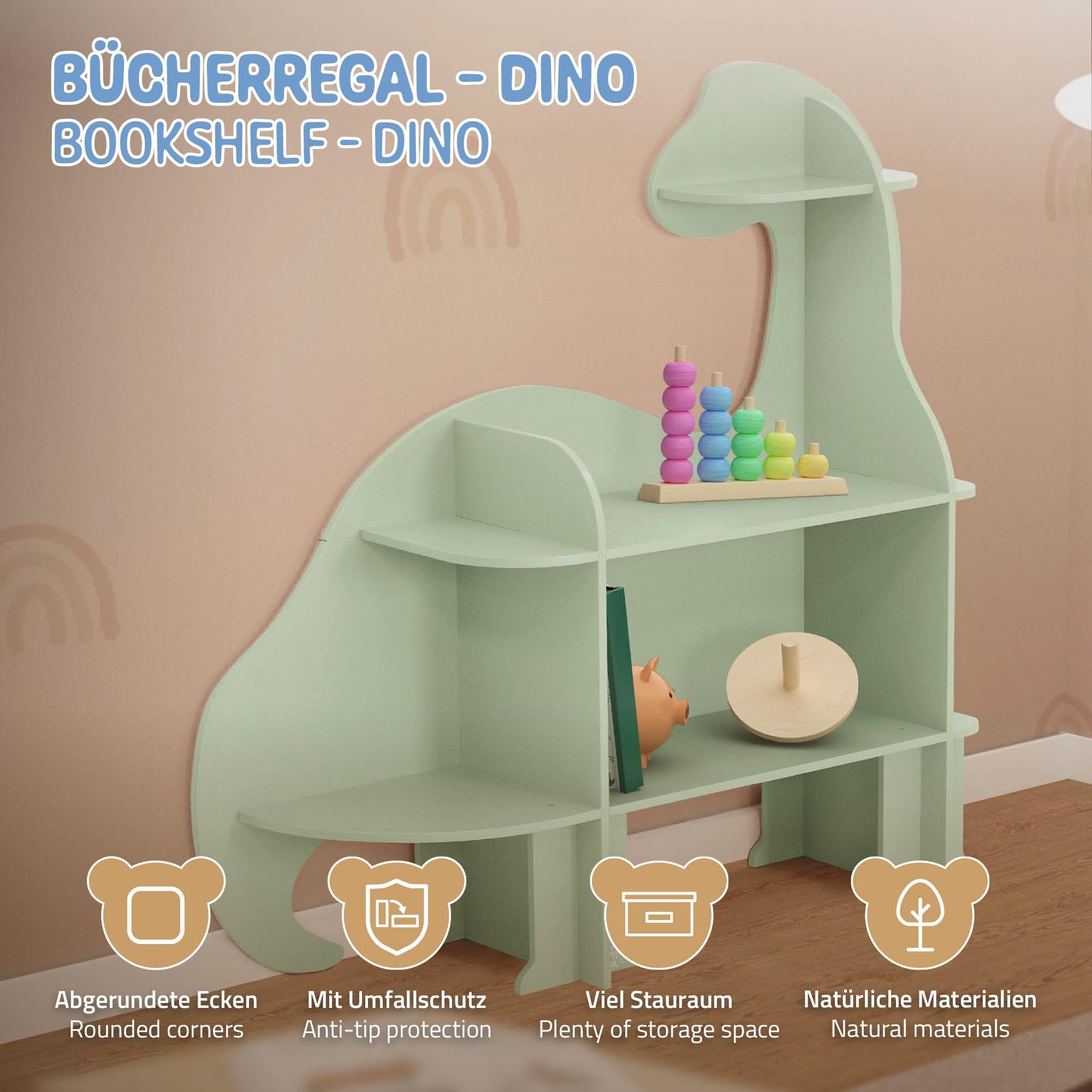 Joyz Étagère pour Enfants 3 Niveaux, Dinosaure, Étagère à Jouets en Bois avec Compartiments Ouverts, 110x31x110 cm, Étagère Murale à Livres, Meuble de Rangement pour Chambre d'enfant
