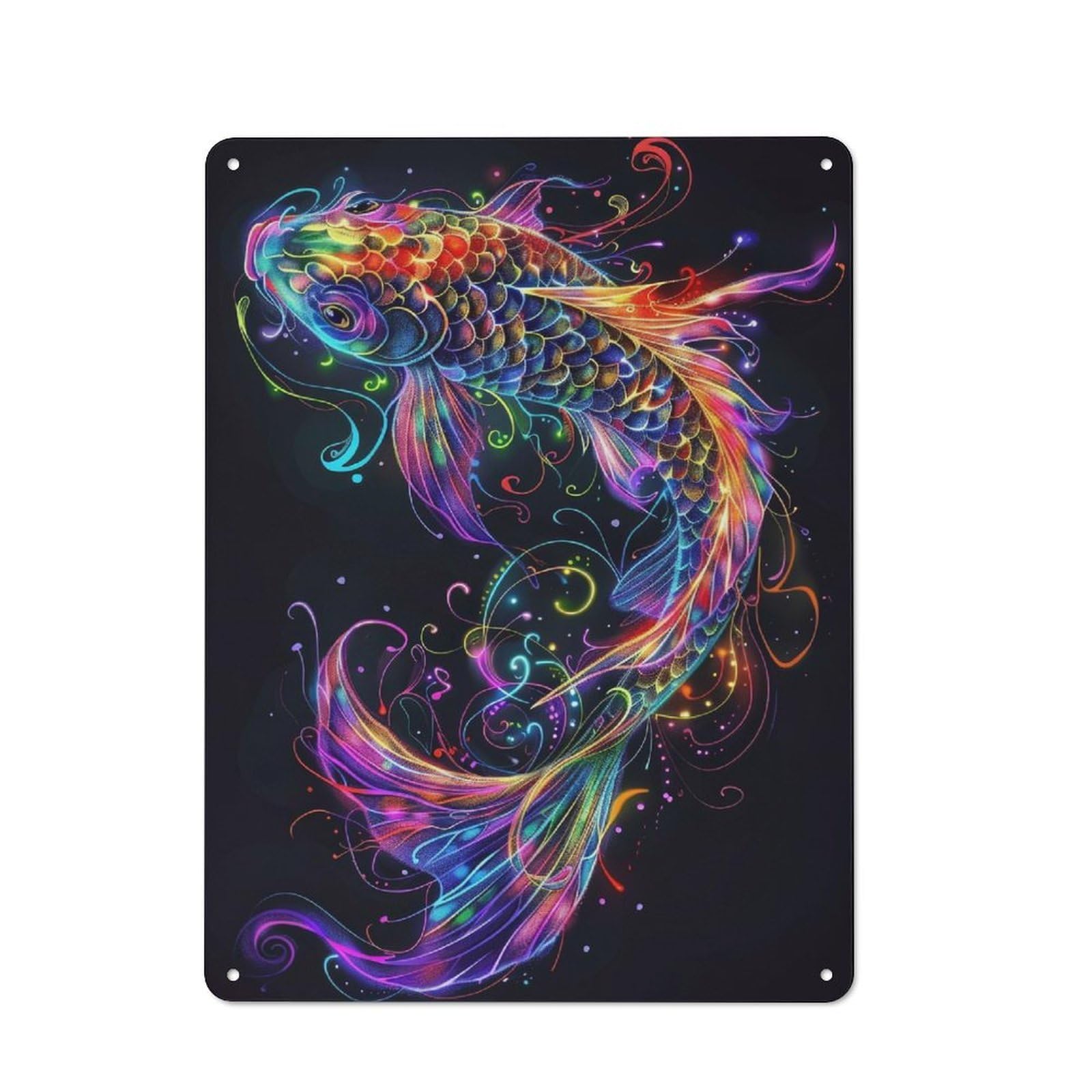 Junmoney Style-6 For Garage Or Workshop, Neon Koi Fish Rustic Metal Plaque 40X30cm, Suited To Wall Displays In Garages And Tool Rooms