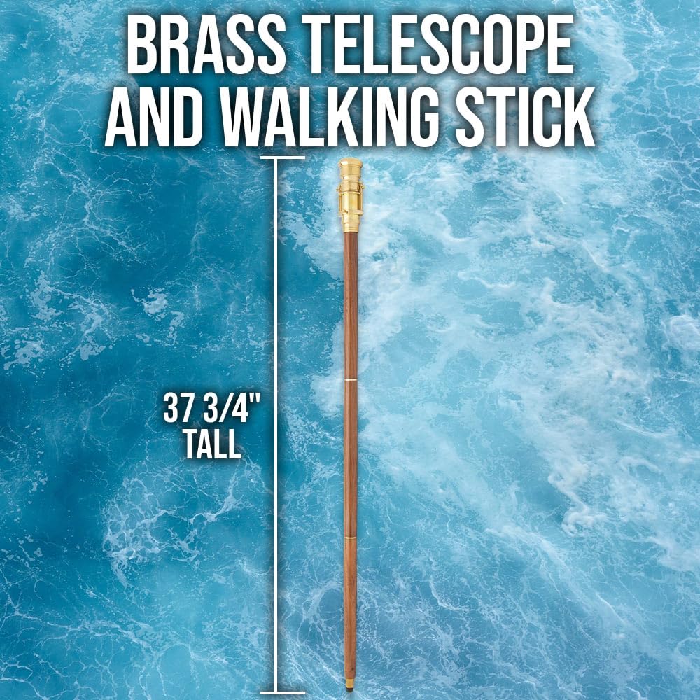 Brass Telescope and Walking Stick | Functional Brass Telescope Hidden in Handle | Premium Wooden Shaft | 3-Piece Break-Down Design | No-Slip Rubber Toe | 37