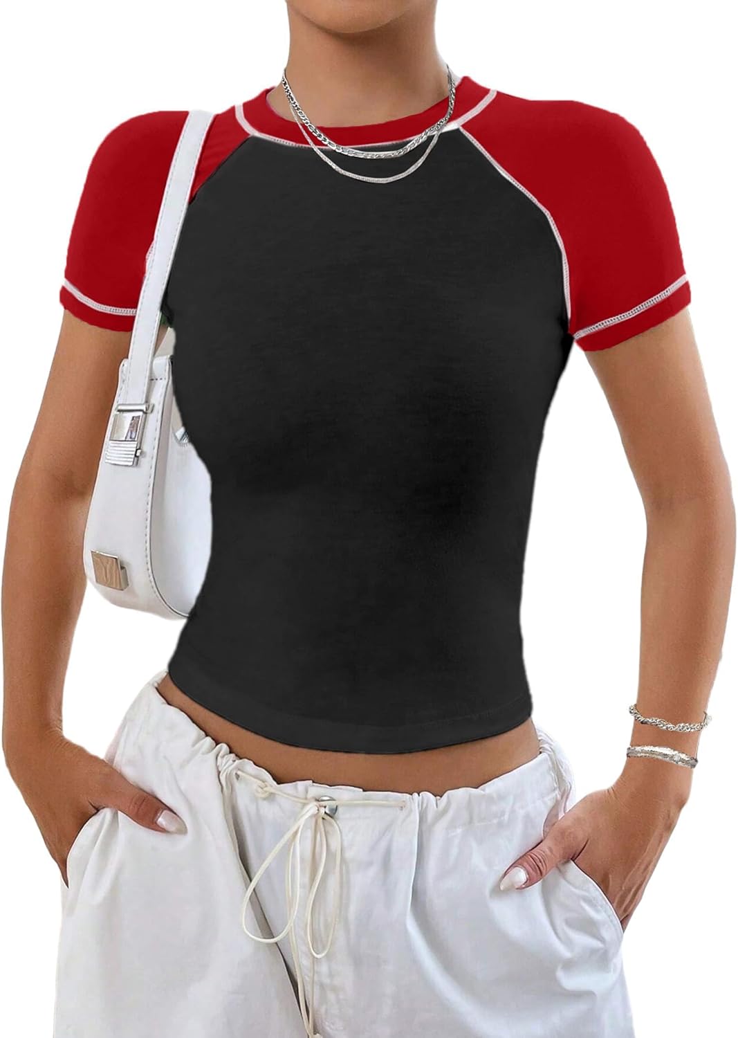 Avanova Women Raglan Colorblock Baby Tee Shirt Short Sleeve Summer Casual Tops - Image 5