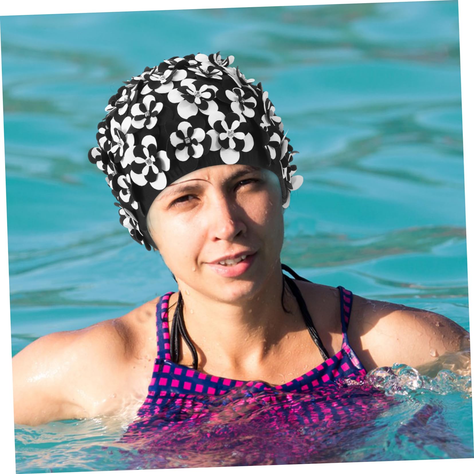 Gorro de natación Rana Sombrero de Verano Gorro de baño o de Piscina o Impermeable o de baño Floral o de baño para Mujer Pelo Largo algodón Black