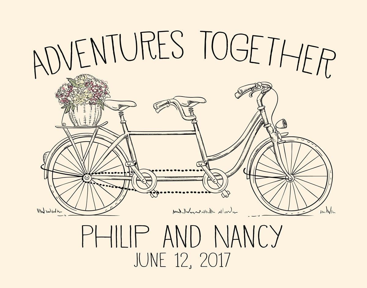 Personalized Wedding Gift - Adventures Together Customized Print with Couple's Name and Special Date, Wedding Gift for Bride and Groom, Home Decor Bicycle Wall Art for Newly Weds