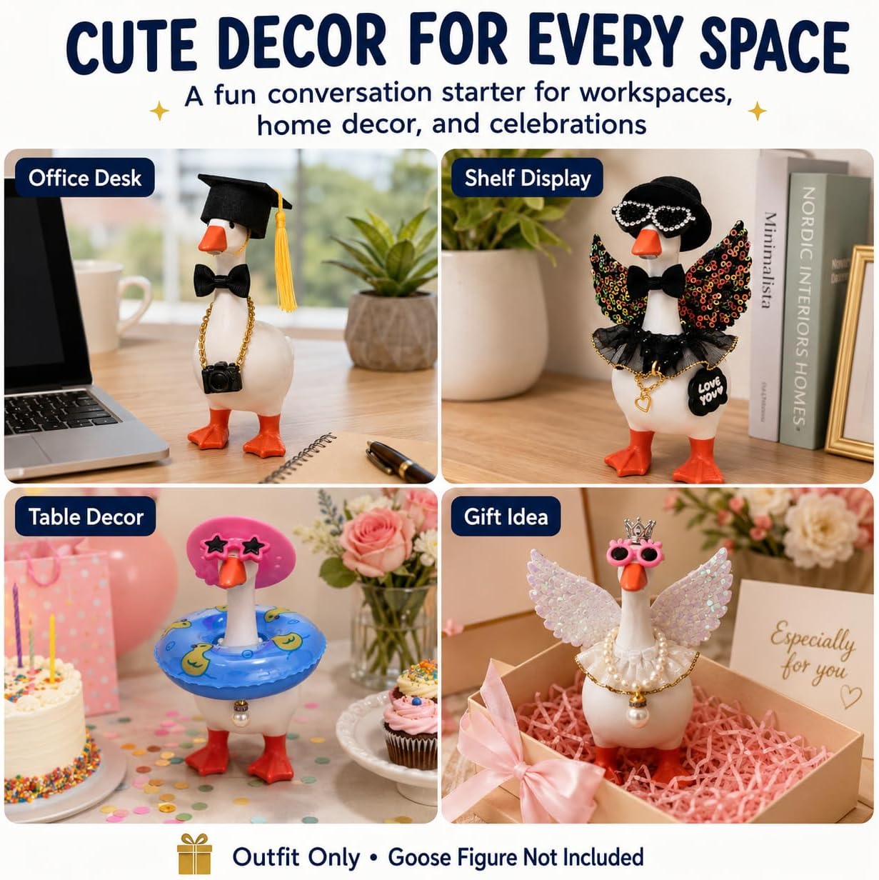 42Pcs 7 Inch Desk Goose Outfits Accessories Set | Hats, glasses & necklaces dress up magnetic figure key holders for holidays, moods, office gifts & table decor