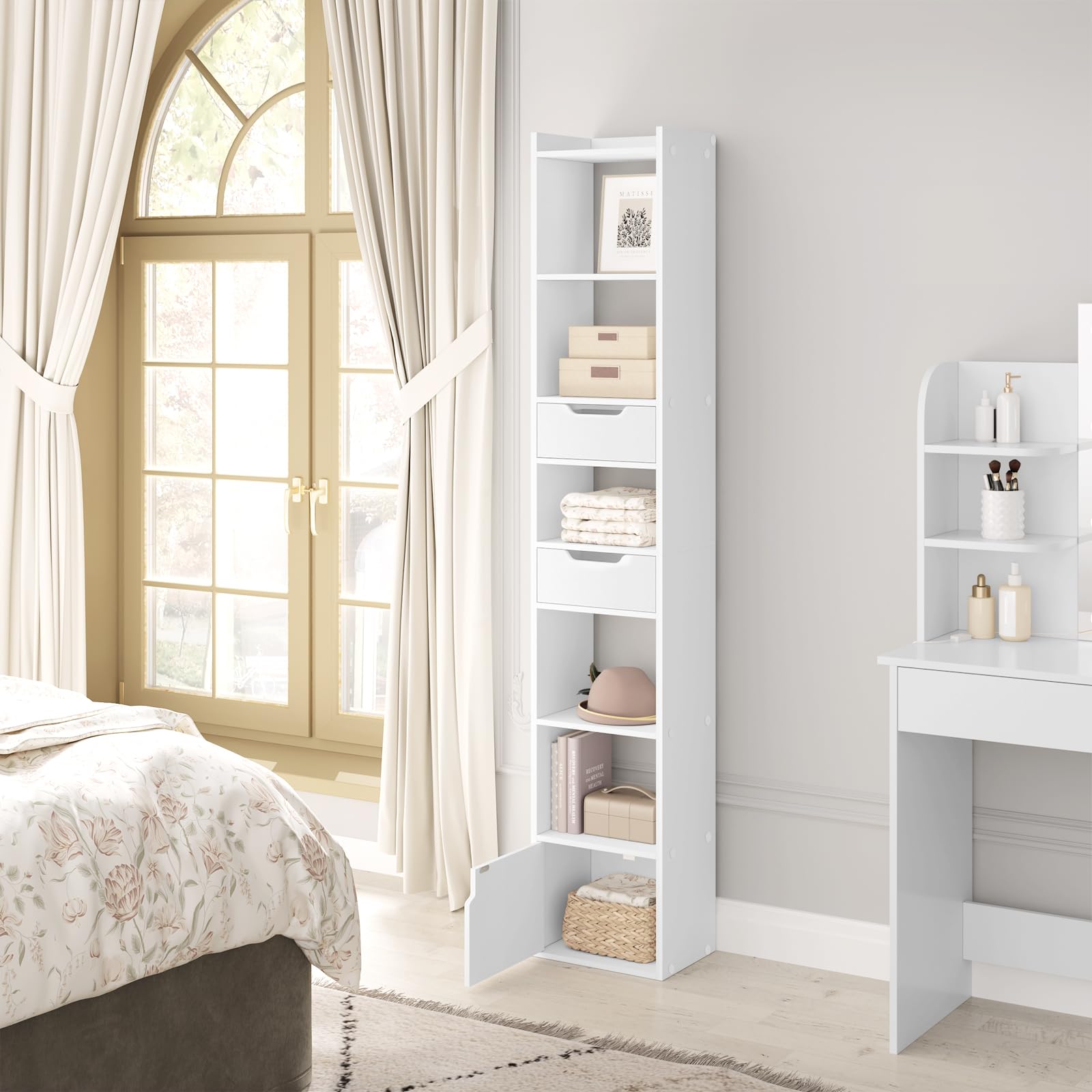 WOLTU Estanteria Alta de 6 Compartimentos, Libreria con 2 Cajones y 1 Armario con Puerta, Estante de Almacenaje, Estantería de Piso para Salon y Oficina, Blanco, SK042ws