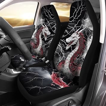 Bulopur Black White Dragon Lightning Print Seat Cover for Car, 2 Pcs Universal Seat Covers Vehicle Cars Truck Seat Cushion Automobile Accessories Interior Protection Elastic Car Seat Covers