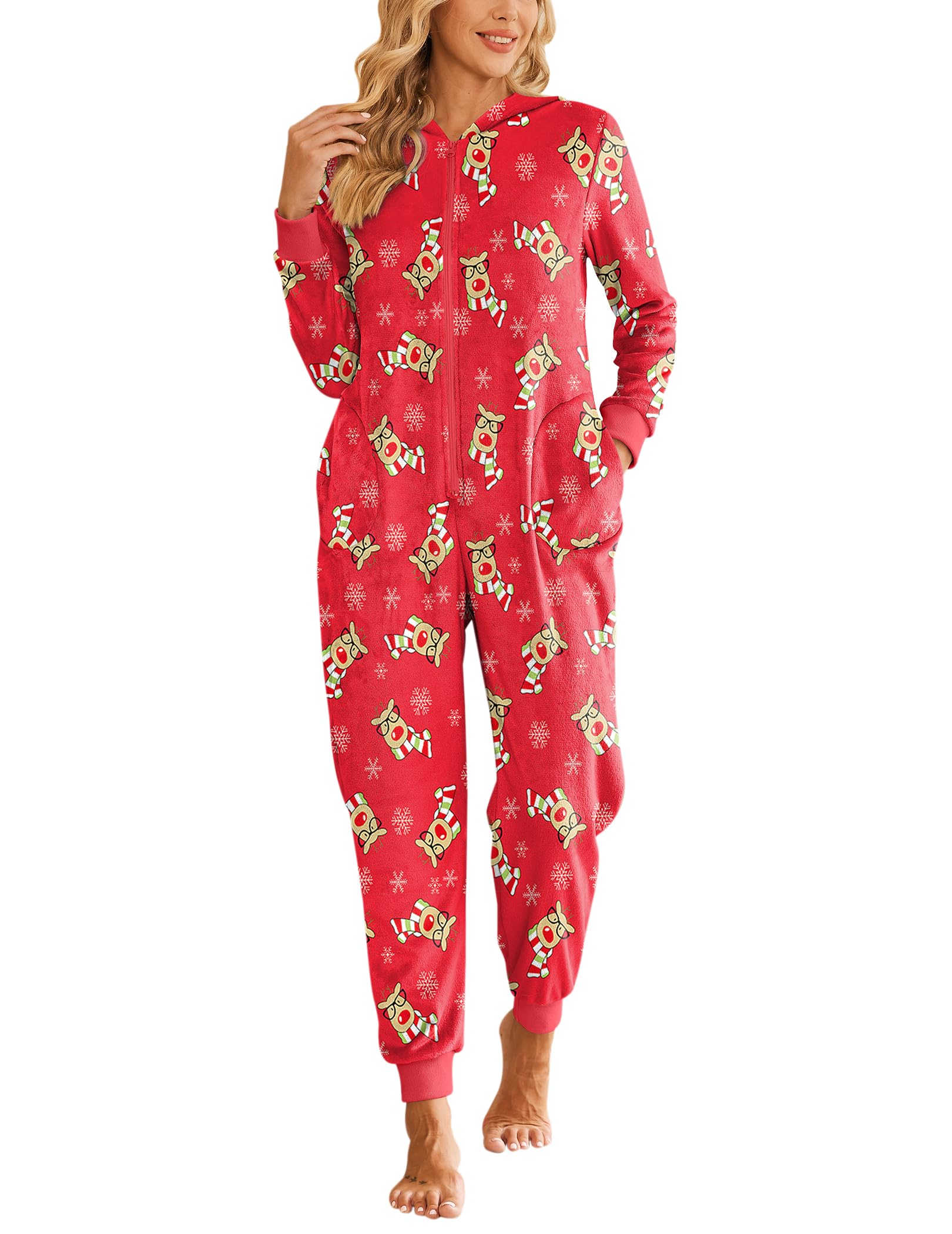 Ekouaer Christmas Onesie Fleece Long Sleeve Hooded One Piece Pajamas for Women Zipper Pjs with Pocket S-XXL