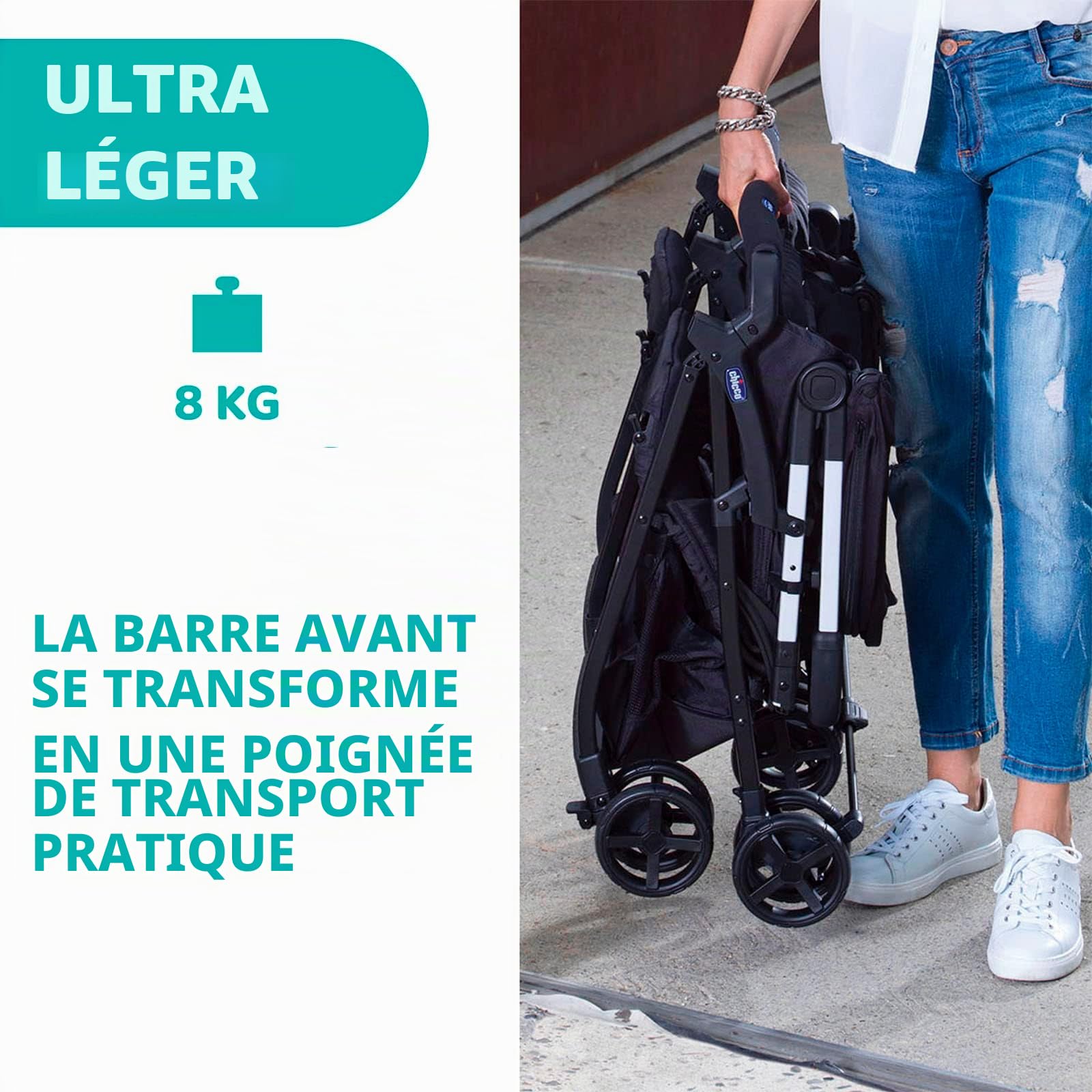 Chicco OHlalà Poussette Canne Double, Poussette pour Jumeaux de la Naissance à 15 kg, Inclus une Housse de Pluie, Capote Extensible - black night & Crochet Universel pour Poussette, Noir