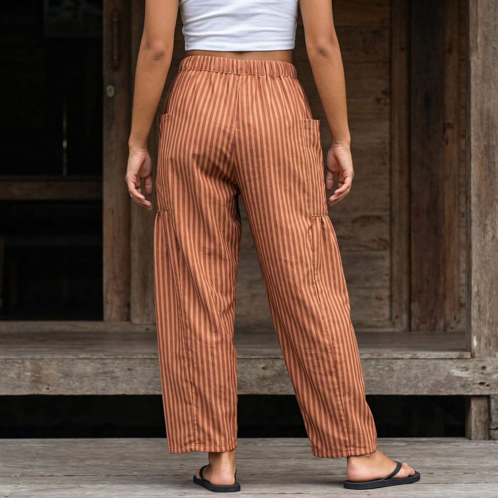 Sexy Outfit Pantalon Sarouel rayé en Coton et Lin pour Femmes, Ample, Jambes Larges, Cordon de Serrage, Pantalon de Plage avec Poches, vêtements de détente d'été