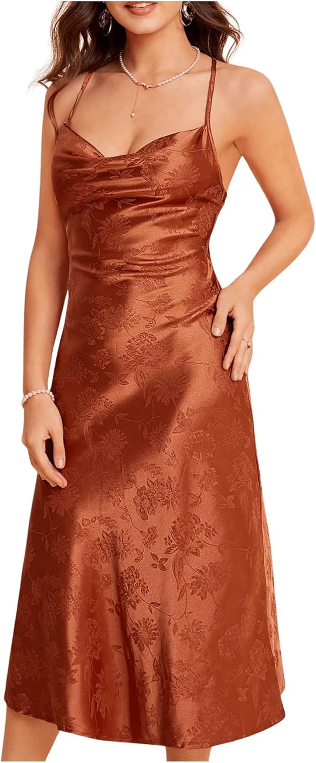 Floerns Women's Spaghetti Strap Cowl Neck Long Slip Satin Silk Midi Dress