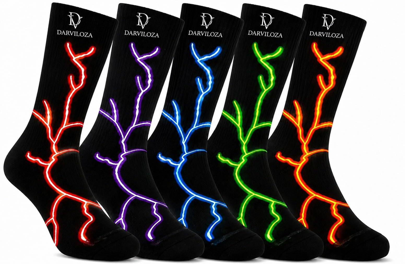 Mens Lightning Bolt Crew Socks, 5 Pairs Black Multicolour Print Cotton Blend Sports Socks - Cushioned Breathable Mid Calf Length for Gym, Running, Workout & Daily Wear-image-42