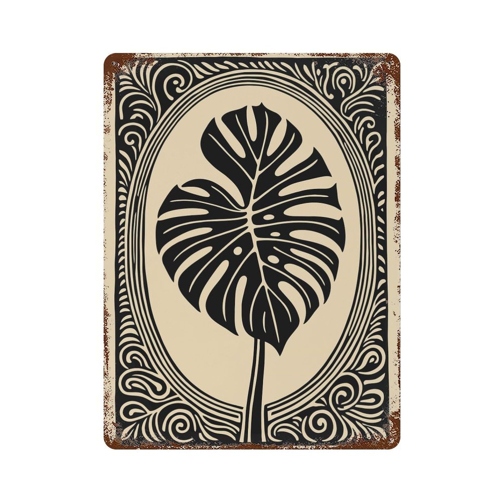 Vintage Rust Metal Sign Monstera Leaf Art Nouveau Illustration 15.7"x11.8", Old School Wall Decor for Garage, Bar And Workshop Decor