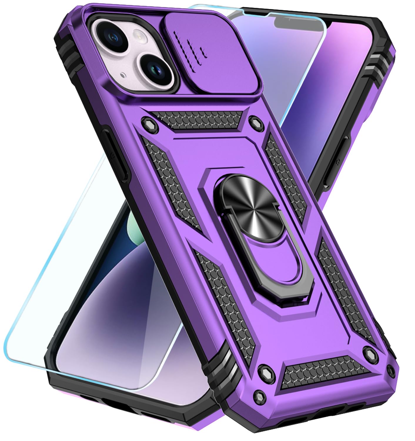 SunStory Compatible with iPhone 13/14 Case with HD Screen Protector & Slide Camera Cover & Rotated Ring Kickstand,[Military-Grade] Phone Case for
