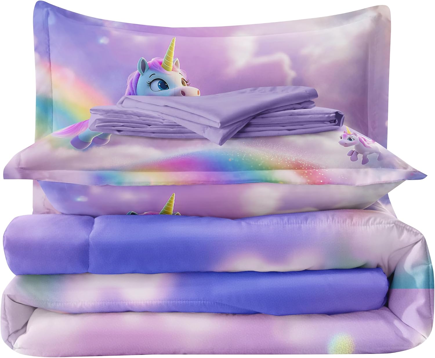 5PCS Unicorn Comforter Sets - Full, Rainbow & Pink Cute Bedding Sets for Girls - Kawaii Comforter Set with Sheets image 3