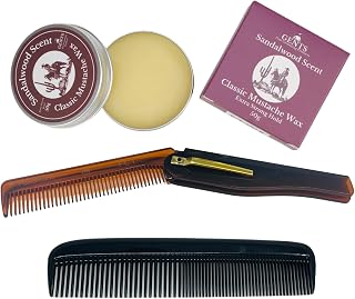 Sandalwood Mustache Wax Kit – Classic Scented Wax with Extra Strong Hold, 5.5" Folding Comb & 5" Fine/Coarse Travel Comb